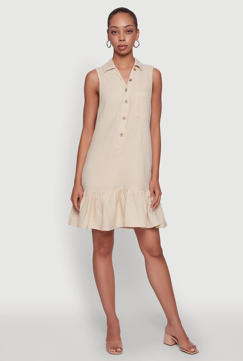 Womens Chic Gauze Knit Button Front Peplum Hem Dress, Beige, Size XL