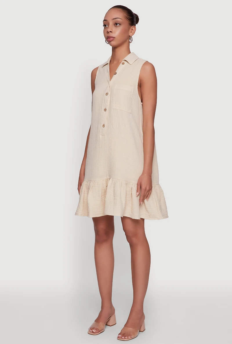 Womens Chic Gauze Knit Button Front Peplum Hem Dress, Beige, Size L