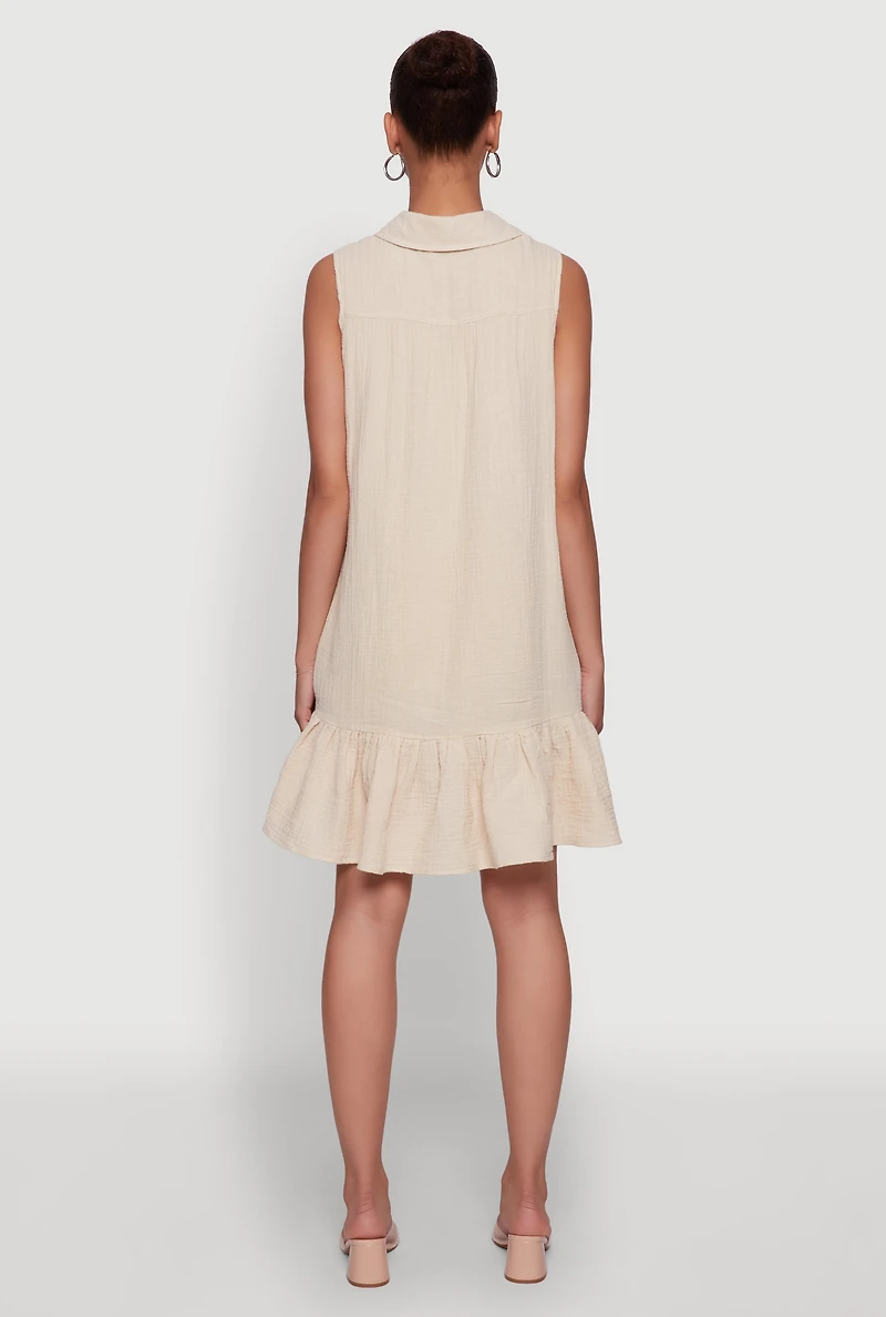 Womens Chic Gauze Knit Button Front Peplum Hem Dress, Beige, Size L
