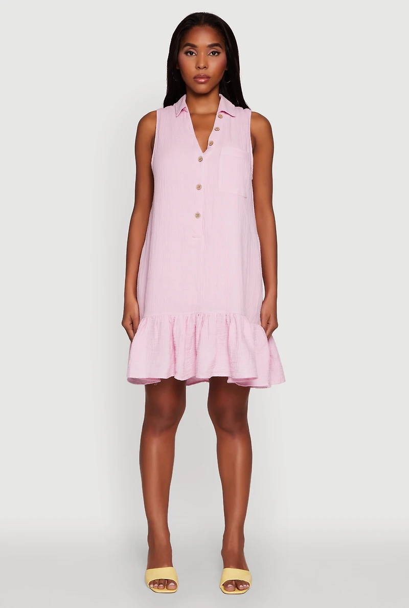 Womens Chic Gauze Knit Button Front Peplum Hem Dress, Pink,