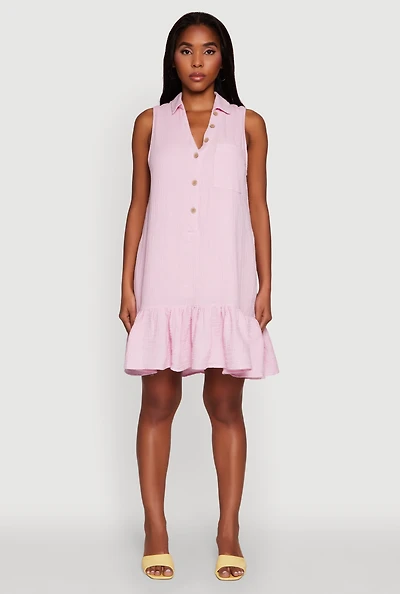 Womens Chic Gauze Knit Button Front Peplum Hem Dress, Pink,