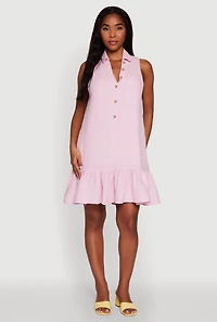 Womens Chic Gauze Knit Button Front Peplum Hem Dress, Pink, Size L