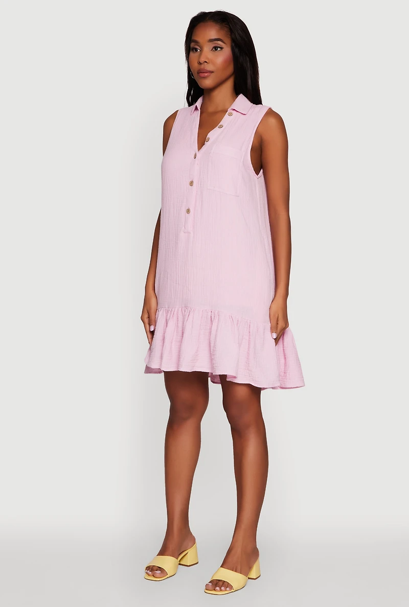 Womens Chic Gauze Knit Button Front Peplum Hem Dress, Pink, Size XL