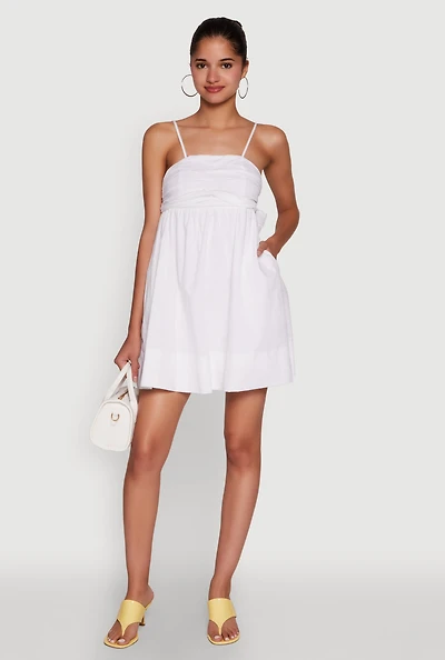 Womens Trendy Poplin Bow Tie Back Babydoll Dress, White, Size S
