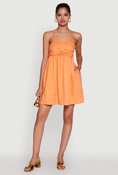 Womens Trendy Poplin Bow Tie Back Babydoll Dress, Orange, Size XS