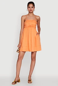 Womens Trendy Poplin Bow Tie Back Babydoll Dress, Orange, Size XS