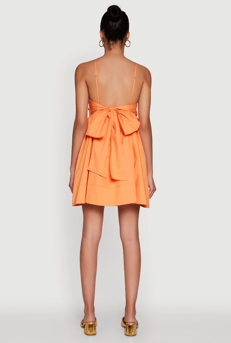 Womens Trendy Poplin Bow Tie Back Babydoll Dress, Orange, Size XS