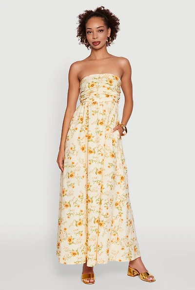 Womens Floral Strapless Pleated Maxi Dress with Pockets, Yellow, Size M