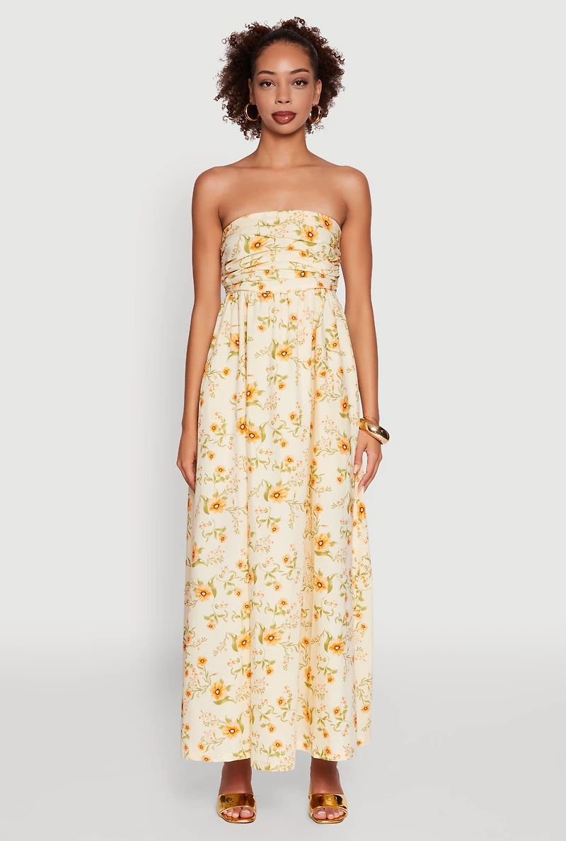 Womens Floral Strapless Pleated Maxi Dress with Pockets, Yellow, Size M