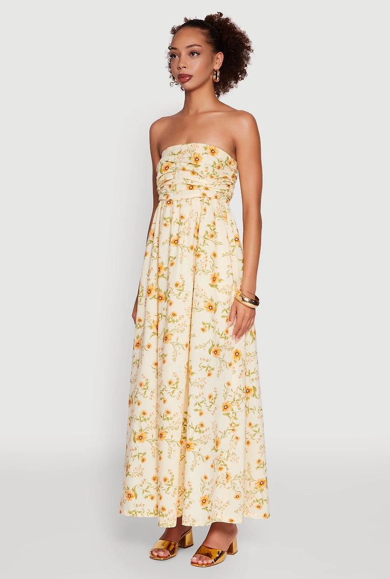 Womens Floral Strapless Pleated Maxi Dress with Pockets, Yellow, Size M