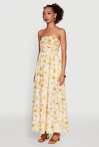 Womens Floral Strapless Pleated Maxi Dress with Pockets, Yellow, Size M