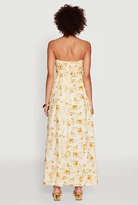 Womens Floral Strapless Pleated Maxi Dress with Pockets, Yellow, Size M