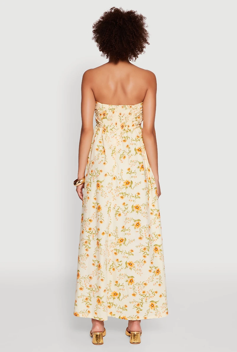 Womens Floral Strapless Pleated Maxi Dress with Pockets, Yellow, Size M