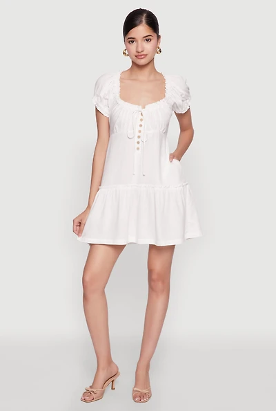 Womens Square Neck Tie Front Mini Peasant Dress, White, Size M