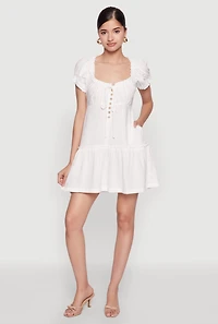 Womens Square Neck Tie Front Mini Peasant Dress, White, Size M