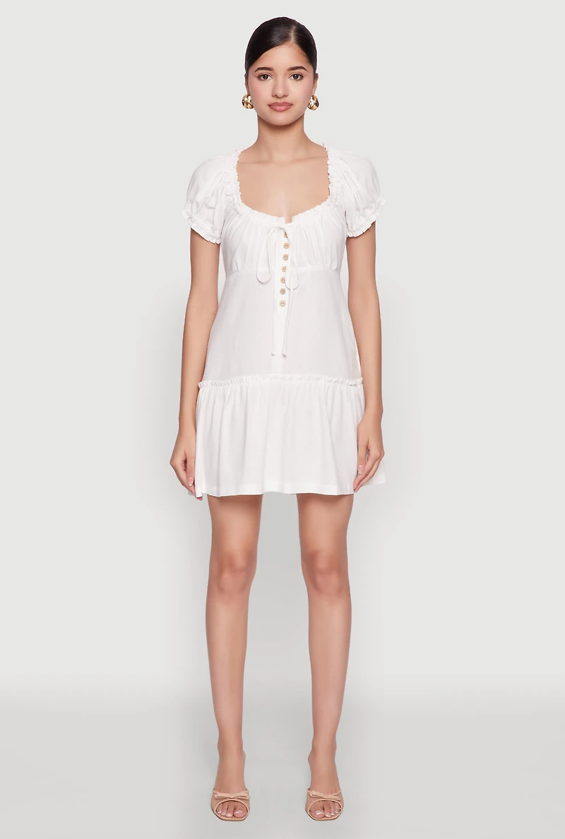 Womens Square Neck Tie Front Mini Peasant Dress, White, Size M