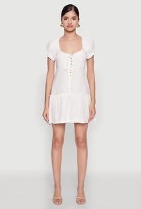 Womens Square Neck Tie Front Mini Peasant Dress, White, Size M