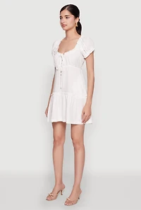 Womens Square Neck Tie Front Mini Peasant Dress, White, Size M