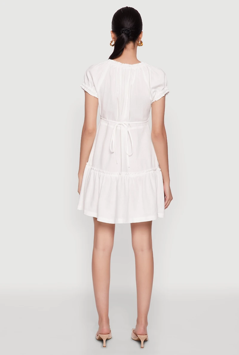 Womens Square Neck Tie Front Mini Peasant Dress, White, Size M