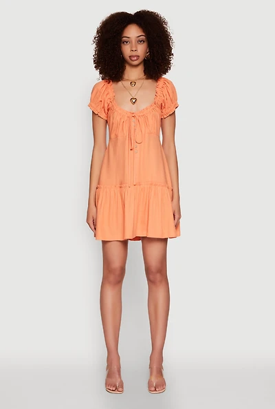 Womens Square Neck Tie Front Mini Peasant Dress,