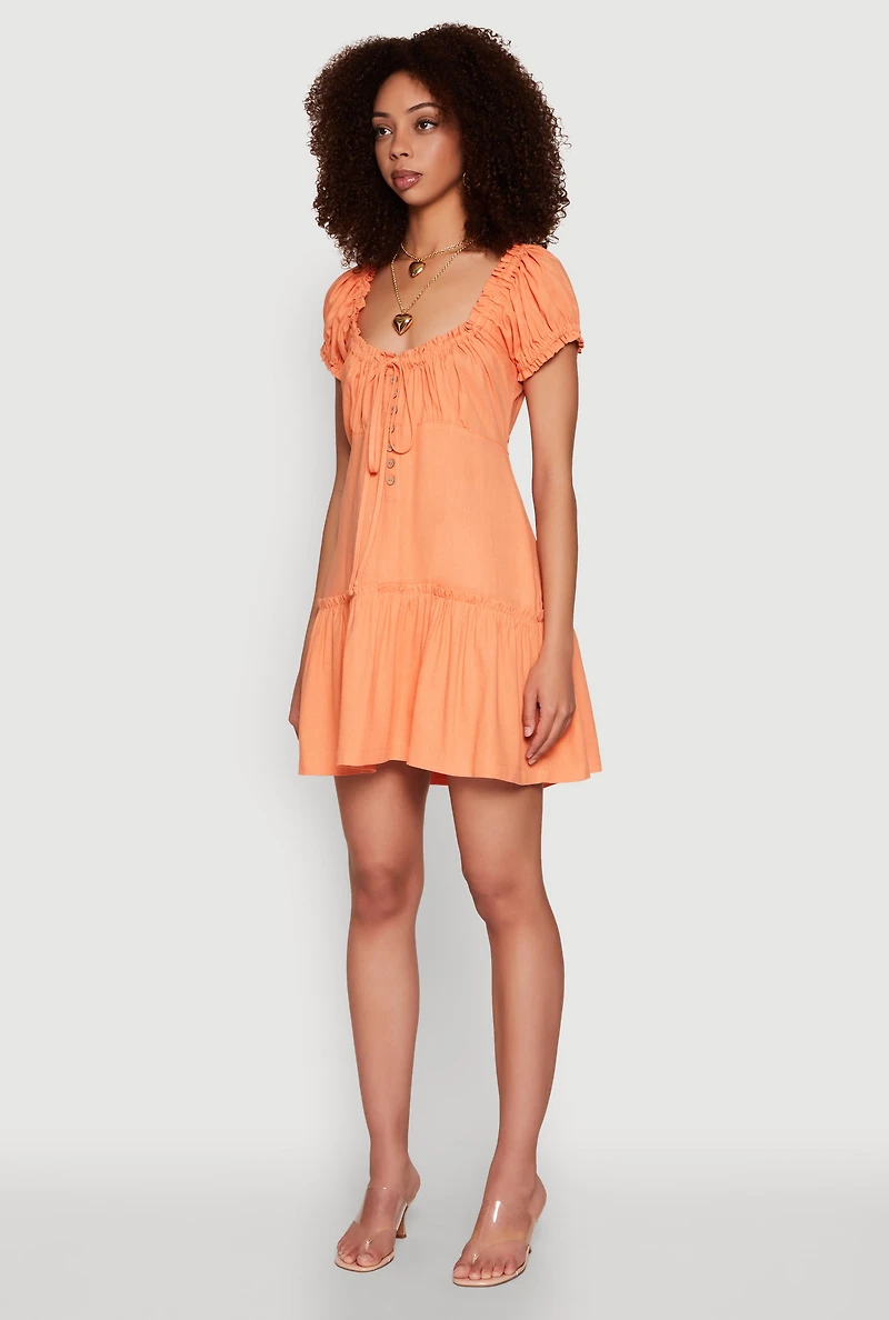 Womens Square Neck Tie Front Mini Peasant Dress, Orange, Size M