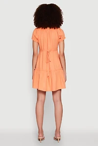 Womens Square Neck Tie Front Mini Peasant Dress, Orange, Size M