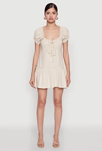 Womens Square Neck Tie Front Mini Peasant Dress,
