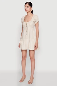Womens Square Neck Tie Front Mini Peasant Dress,