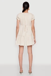 Womens Square Neck Tie Front Mini Peasant Dress,
