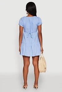 Womens Square Neck Tie Front Mini Peasant Dress, Blue, Size L