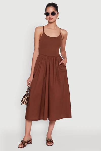 Womens Chic Ribbed Knit Sleeveless Skater Dress, Brown, Size M