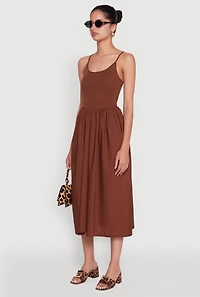 Womens Chic Ribbed Knit Sleeveless Skater Dress, Brown, Size L