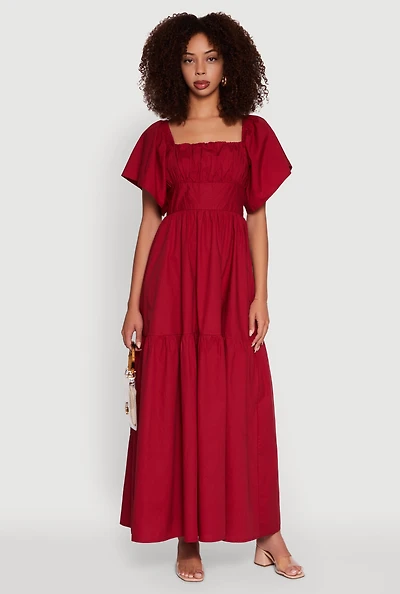 Womens Tie Back Square Neck Tiered Maxi Dress, Red, Size M