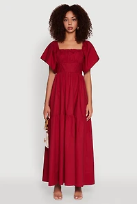 Womens Tie Back Square Neck Tiered Maxi Dress, Red, Size M