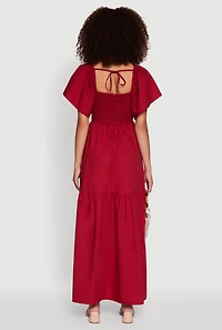 Womens Tie Back Square Neck Tiered Maxi Dress, Red, Size M