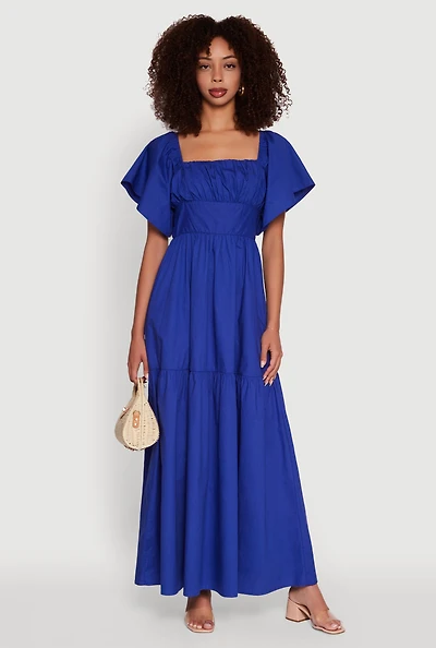 Womens Tie Back Square Neck Tiered Maxi Dress, Blue, Size L