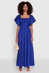 Womens Tie Back Square Neck Tiered Maxi Dress, Blue,