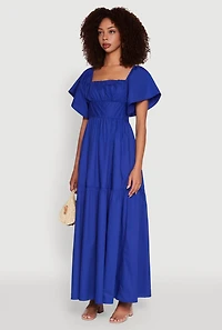 Womens Tie Back Square Neck Tiered Maxi Dress, Blue,