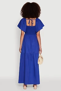 Womens Tie Back Square Neck Tiered Maxi Dress, Blue,