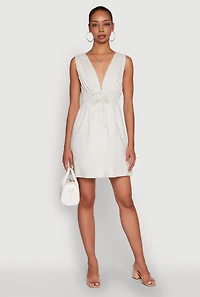Womens Trendy Faux Drawstring Smocked Waist Dress, White, Size S