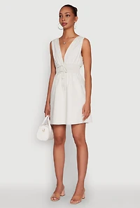 Womens Trendy Faux Drawstring Smocked Waist Dress, White, Size S