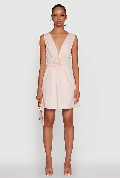 Womens Trendy Faux Drawstring Smocked Waist Dress, Pink, Size S