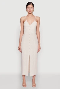 Womens Open Tie Back Button Front Maxi Dress, Beige,