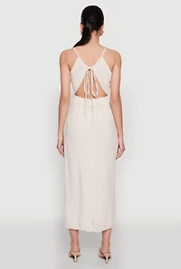 Womens Open Tie Back Button Front Maxi Dress, Beige,