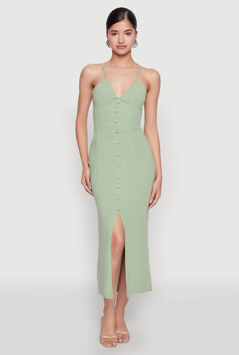 Open Tie Back Button Front Maxi Dress