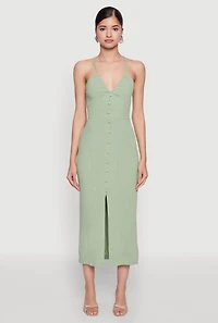 Womens Open Tie Back Button Front Maxi Dress, Green, Size M