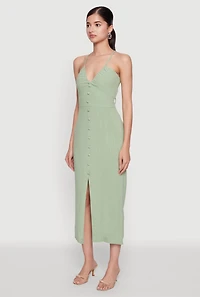 Womens Open Tie Back Button Front Maxi Dress, Green, Size M
