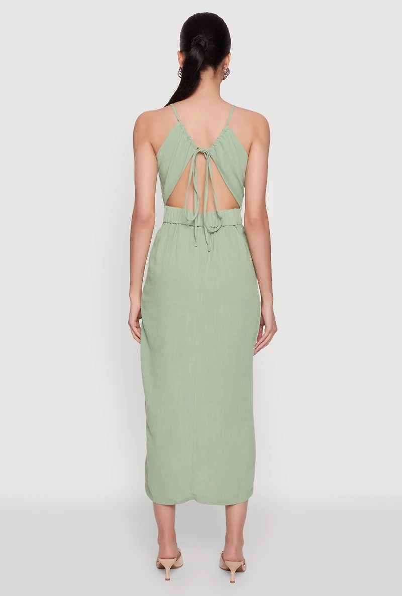 Womens Open Tie Back Button Front Maxi Dress, Green, Size M