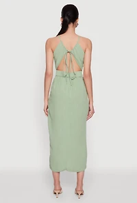Womens Open Tie Back Button Front Maxi Dress, Green, Size M