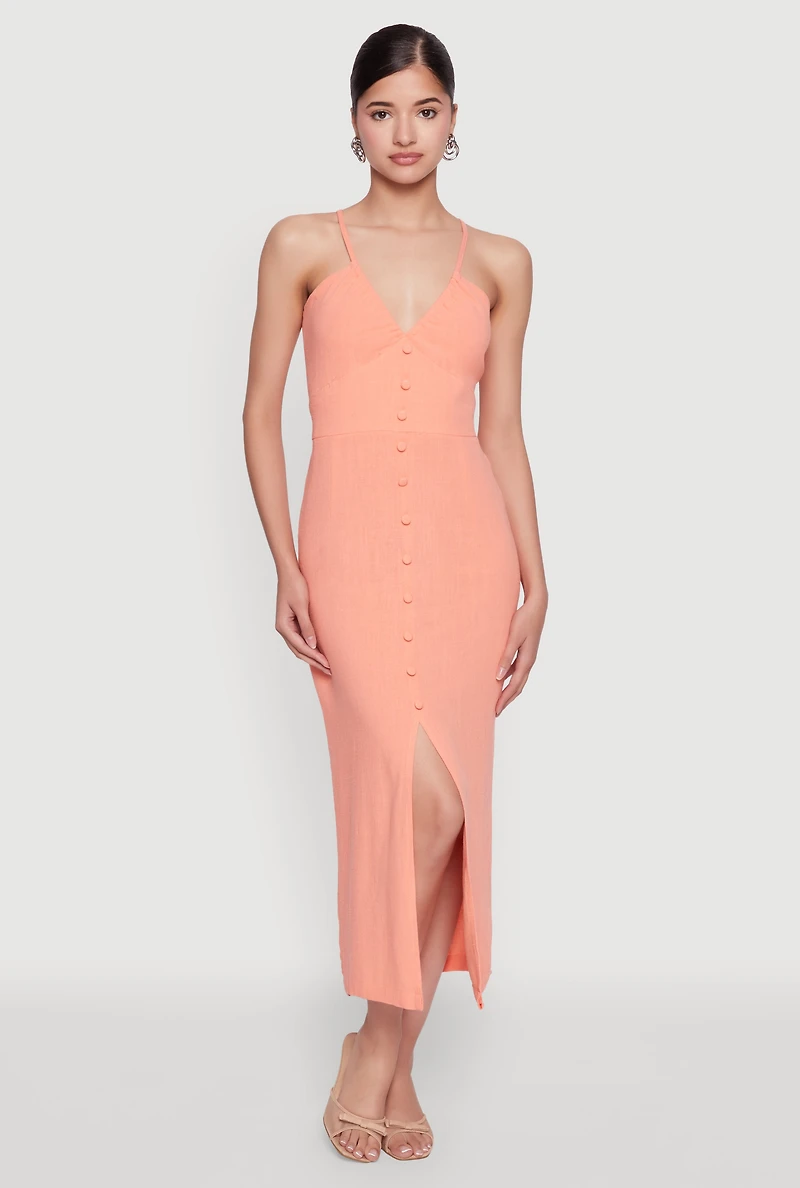 Open Tie Back Button Front Maxi Dress